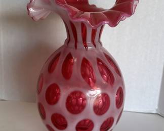 Cranberry opalescent coin dot ruffled edge vase