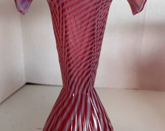 Cranberry opalescent striped ruffled edge vase 11"