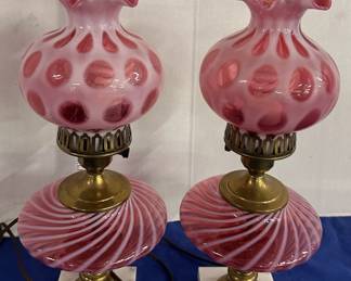 Pr. cranberry coin dot and swirl lamps 17"