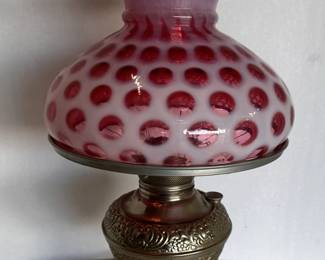 Cranberry Opalescent Coin Dot Converted oil lamp