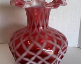 Cranberry criss cross opalescent ruffled edge w/pinched sides 8" Vase