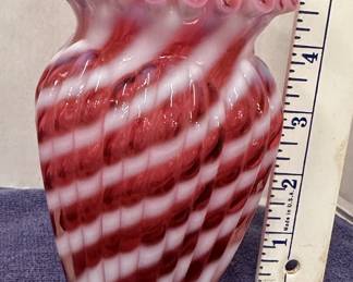 5" Cranberry Swirl ruffled edge vase