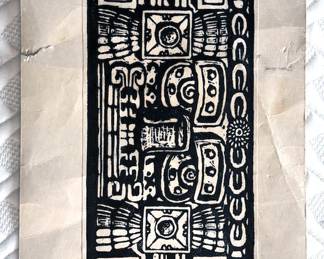 Signed woodblock prints with Mayan themes by Mexican artist Eliezer Canul 