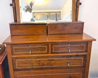 Vintage Edwardian inlaid dresser with mirror, glove boxes and nightstand/side table