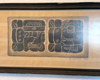 Signed woodblock prints with Mayan themes by Mexican artist Eliezer Canul 