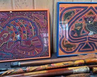 Framed Panamanian mola works, armadillo + owl