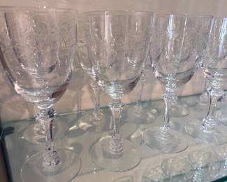 Assorted glassware: multiple sets of water, wine, cordial, cocktail glasses