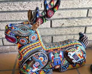 Large Huichol beaded statues, sea turtle + buck