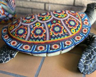 Large Huichol beaded statues, sea turtle + buck