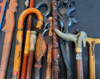 Assorted canes, many hand-carved of different origins