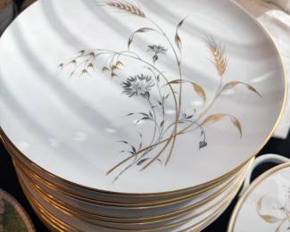 Heinrich Selb Bavarian china in Golden Harvest: dinner + salad plates, cups + saucers, bowls; serving ware, including gravy boat, sugar + creamer, casserole dish, bowl + oval platter