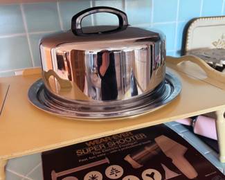 Vintage wooden tray table, serving cloche