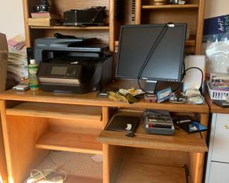 Oak Desk, Printer, Monitor