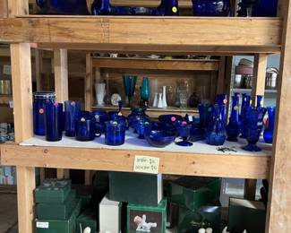 Cobalt blue dishes and vases. Snowbabies