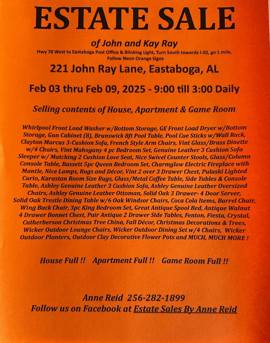 Estate sales by anne reid in eastaboga al starts on 2 5 2025