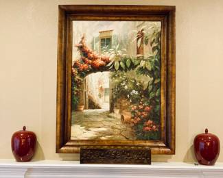 Large Framed Tuscan Village Wall Art - Vintage Chinese Ginger Jars.