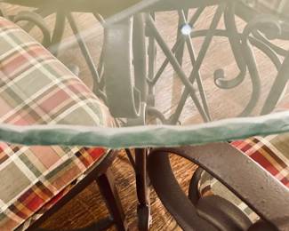 6 Pc. Iron/Sculpted GlassTop 41" Dining Table and Upholstered Chairs.