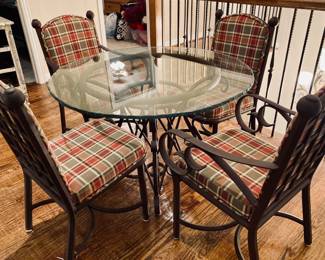 6 Pc. Iron/Sculpted GlassTop 41" Dining Table and Upholstered Chairs.
