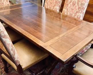 Italian Elm Country Style Trestle Dining Table w/6 Tuscan Chairs 4 side/2 Arm. Table 82" Extension to 112" w/2 Leafs.
