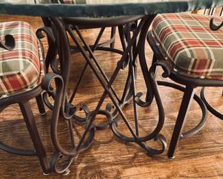 6 Pc. Iron/Sculpted GlassTop 41" Dining Table and Upholstered Chairs.