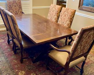 Italian Elm Country Style Trestle Dining Table w/6 Tuscan Chairs 4 side/2 Arm. Table 82" Extension to 112" w/2 Leafs.
