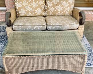 Tommy Bahama Outdoor Living Rattan Loveseat w/Teak Arms and Rattan Table w/Glass. Top Condition!