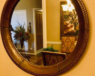 Walnut Round Carved Wood Framed Wall Mirror