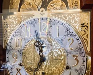 SLIGH CATHEDRAL TOP MAHOGANY INLAID TALL CASE CLOCK WITH MOON DIAL