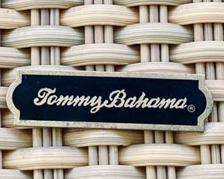 Tommy Bahama Outdoor Living Rattan Loveseat w/Teak Arms and Rattan Table w/Glass. Top Condition!