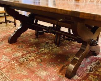 Italian Elm Country Style Trestle Dining Table w/6 Tuscan Chairs 4 side/2 Arm. Table 82" Extension to 112" w/2 Leafs.