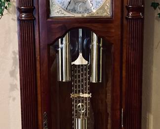 SLIGH CATHEDRAL TOP MAHOGANY INLAID TALL CASE CLOCK WITH MOON DIAL