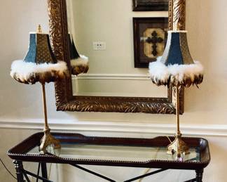 Large Antique Frame Mirror - Set of 2 Bronze Table Feather Lamps - Wrought Iron Console Table with Glass Top.