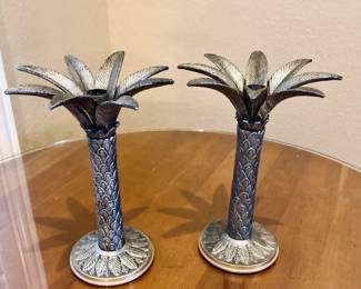 Vintage Bronzed Brass Pineapple Palm Tree Candlestick - Set of 2