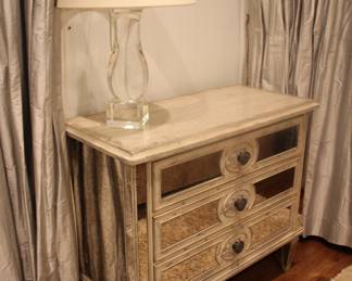 Pair of Hooker three drawer mirrored chests & pair Visual Comfort glass table lamps