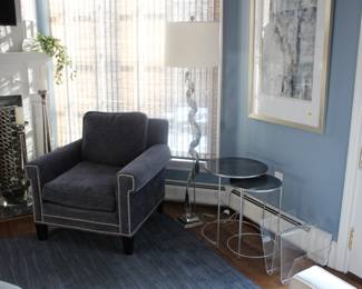 Grey armchair; nesting tables & Aram style floor lamp