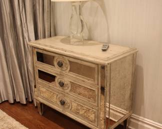 Pair of Hooker three drawer mirrored chests & pair Visual Comfort glass table lamps