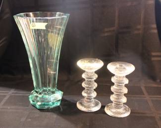 Moser green glass vase & Ittalia candlesticks