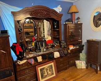 Vintage bedroom furniture, jewelry, jewelry box, scarves, and more