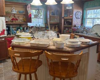 All kitchenware, bakeware, cookware, utensils, plates, barstools, and more