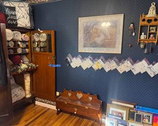 Embroidered hanky’s Picture frames and antique armoire