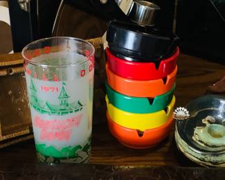 large vintage ashtray collection and a 1971 Kentucky glass