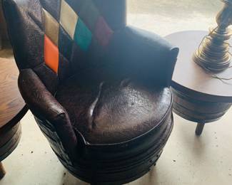 side chair and two Brothers Furniture of Kentucky end tables--all made from oak whiskey barrels