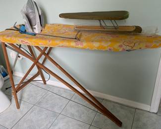 Antique wood ironing board, antique sleeve ironing board and iron