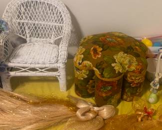 Small wicker doll chair and vintage footstool 