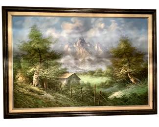 This is a vintage original oil painting - the landscape featuring a cabin in a valley with mountains in the background. The style is reminiscent of Bob Ross's wet-on-wet technique, which became popular in the 1980s.