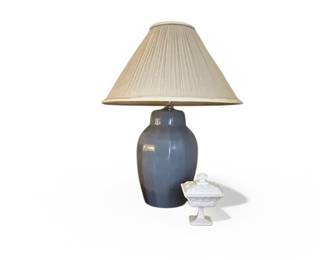 Pair of blue ceramic lamps with pleated lamp shades