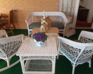 Lovely wicker settee,chair,rocker,table and chest