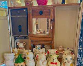 Hoosier cabinet and cookie jars
