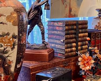 1995 D.W. Crow Bronze Statute Signed and Dated,  Vintage Agate and Jade Tree,  Antique English Biscuit Tin "Huntley and Palmer Biscuits"