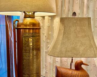 Carved Duck Decoy Lamp that are also a "Stash Box" - we have a Pair Vintage Fire Extinguisher Lamp - we have a Pair